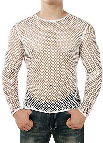 JOGAL Mens Fishnet Mesh Long Sleeve Shirt Fitted Muscle Top Small White