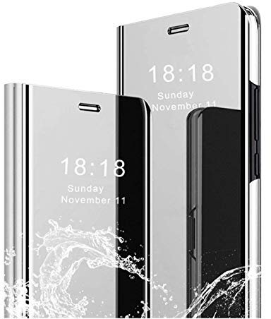 MLOTECH Custodia per Huawei P20 Pro + pellicola protettiva in vetro temperato a libro con specchio traslucido e funzione di supporto per cellulare, colore: Argento