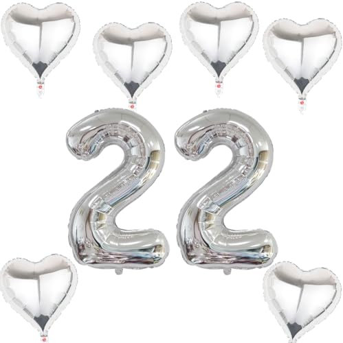 XXL Folienballon 22 Geburtstag, Folienballon Zahl 22, Zahl 22 Silber, Luftballons Zahl 22, Nummer 22 Luftballon Silber, 40 Geburtstagsdeko Ballon 22