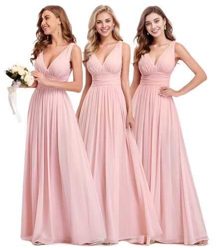 Ever-Pretty Vestito da Cerimonia Donna Linea ad A Stile Impero Chiffon Scollo a V Senza Maniche Abito da Damigella Chic Blu Polveroso 36