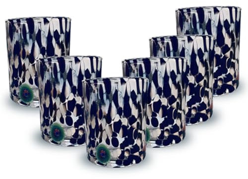 Murano Drops Set of 12 Rainfall Rainbow Murano Glass Hand Blown Colorful Glasses Elegant and Precious (Black and White, 12)