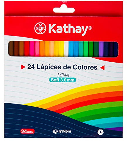 Kathay 86233699. Caja de 24 Lápices de Madera de Colores, Mina Soft 3.0mm, Perfectos para Colorear