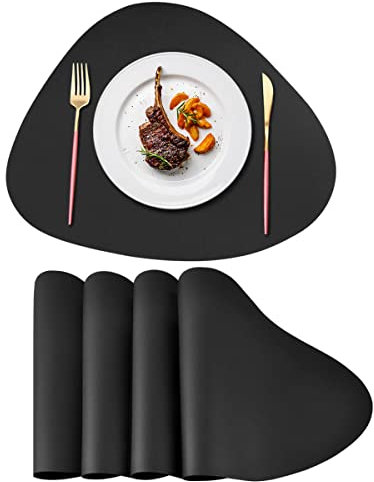 DINGC 4er Platzsets Set Oval Hitzebeständiges Pu-Leder 34x41cm, Spülmaschinenfest Tischsets Abwaschbar Geruchlos, Doppelseitigen Tischmatte Wasserdicht Platzset Ölbeständig rutschfest (Schwarz)