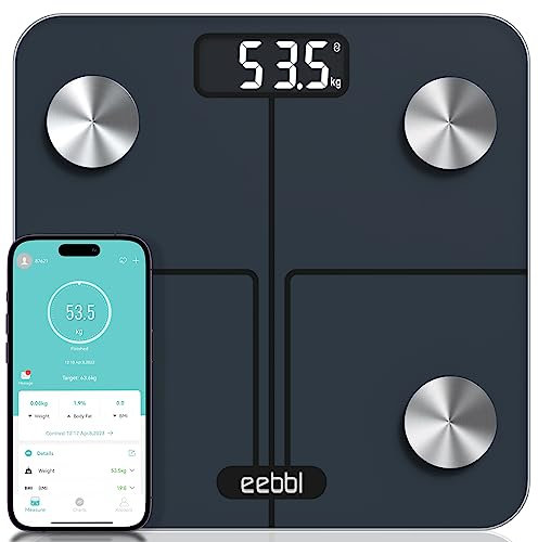 Personenwaage Digital Waage mit Körperfett und Muskelmasse, Personenwaage mit Körperfettanalyse, verwenden Apple iOS, Samsung Android mit APP, Smart körperfettwaage Max bis 180 kg/396 lbs von EEBBL