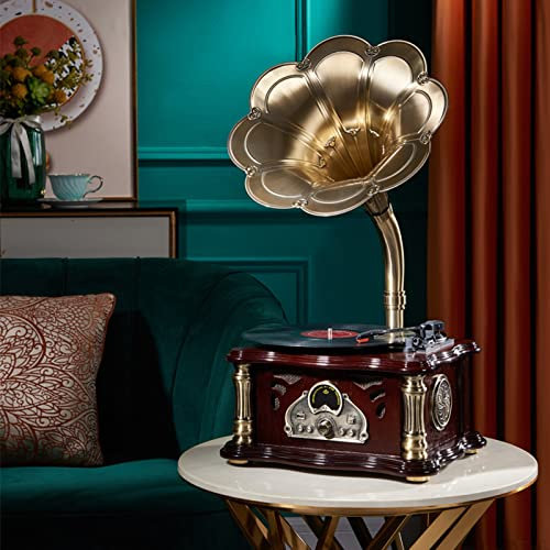 Portable Version Gramophone Vintage Retro Style Subwoofer Speakerw/Aux-in, Record Player Turntable Bluetooth 4.2, FM Radio, USB Port for Flash Drive, Aluminum Gramophone Vintage Retro Style(Color:D)