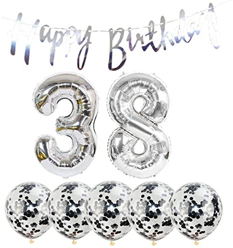 2 Luftballons Zahl 38 silber+5 Konfetti Luftballons+silber banner Folienballon 38.Geburtstags deko Männer frauen 38 Jahr Geburtstags deko Zahlenballon 38 Luftballons 38 Geburtstags Mann frau