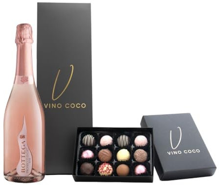 Vino Coco Pink Bottega Prosecco Gift Set | Rosé Bottega Prosecco Gift Set with 12 Luxury Chocolate Truffles - 11.5% ABV