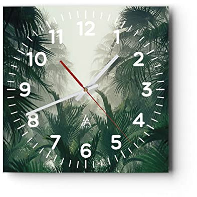Modern Wanduhr Dschungel Blätter Palmen 30x30cm Quadrat Klein Wand Uhr Glas Analog Zimmeruhren Küche Büro Wohnzimmer Glasuhr Wall Clock Dekoration Design Wanddekoration Küchenuhr C4AC30x30-4504