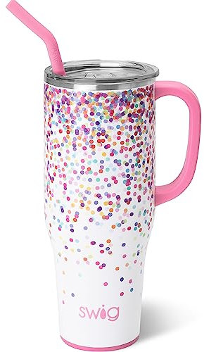 Swiglife Mega taza de 40 onzas, vaso de 40 onzas con asa y popote, apto para portavasos, apto para lavavajillas, acero inoxidable, botella de agua ligera extra grande aislada con purpurina, regalos