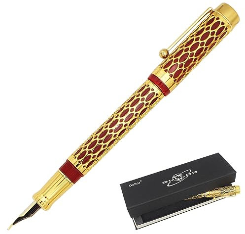 Gullor Openwork Gold Fountain Pen with Gift Box, Screw Cap, Red Barrel, Extra Fine Nib