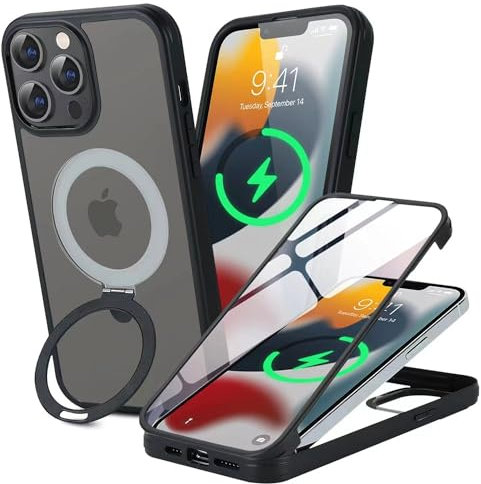 Zouzt for iPhone 14/13 Case with Screen Protector, 360 Full Body with Glass Screen Protector [Shockproof] [Dropproof] Ring Stand Heavy Duty Protection Phone Case for iPhone 14/13 6.1 Inch - Black