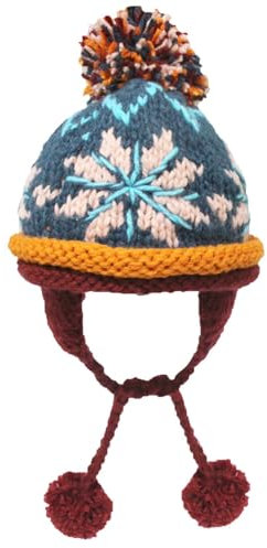 BOMHCS Gorro de ganchillo para mujeres y hombres, forro polar, gorro de copo de nieve de invierno, orejeras suaves con pompones, Azul marino vino rojo, Large