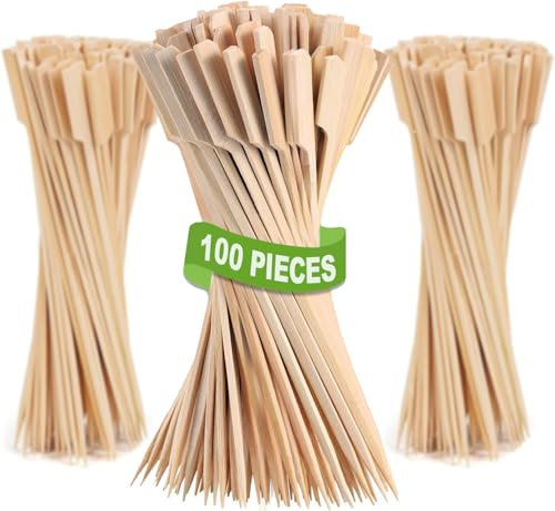 10 Inch Bamboo Paddle Skewers [100 Pieces] - Ideal for Grill, Kabobs, Kebabs BBQ - Flat Stick Flag Handle, Wooden Roasting Sticks, Bamboo Skewers, Kabobs sticks