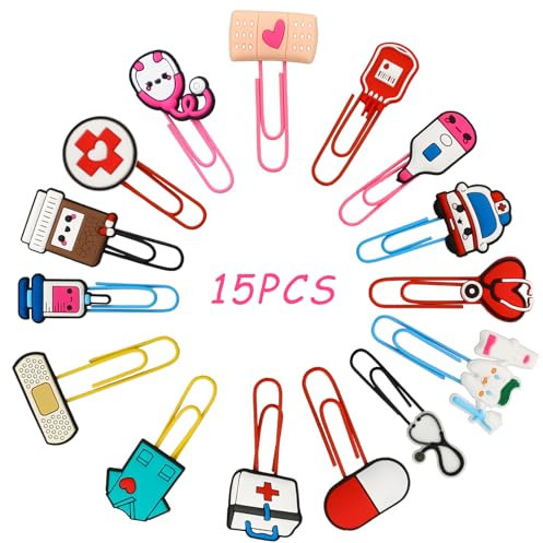 Dimeho 15 Stück niedliche Büroklammer-Lesezeichen Cartoon-Buchzeichen für Paginierung Organisieren Ordner bunte Lesemarker Clip Schreibwaren für Krankenpflege Studenten Krankenschwestern