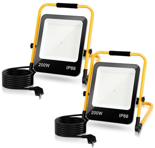 Ikodm LED Baustrahler, 2x200W 16000LM LED Arbeitsleuchte mit Stecker und 3M Kabel, IP66 Wasserdicht Tragbar Arbeitsscheinwerfer 6000K Kaltweiß Bauscheinwerfer, Faltbarer Ständer