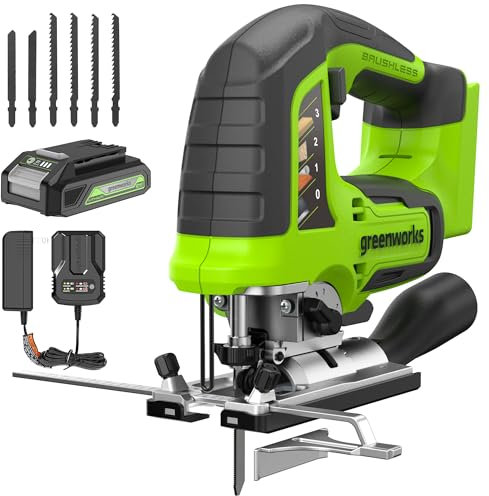 Greenworks - 24V Brushless Jig Saw, 1 x 2AH Battery + 2A Adapter, 6 x Blades (4 x Woodworking Saw Blades 2 x Hacksaw Blades)
