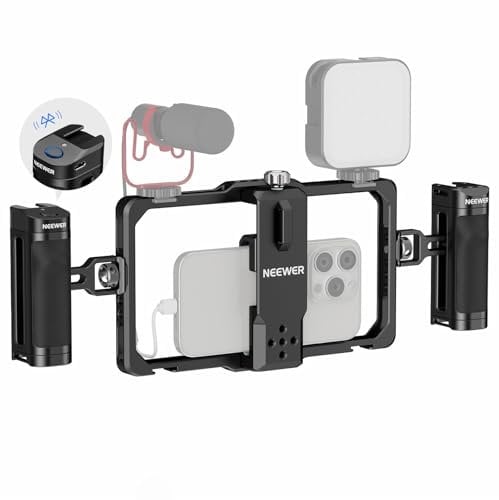 NEEWER Universal Telefon Käfig Video Rig mit Bluetooth Auslöser Seitengriff komfortable Griffe Handy Stabilisator für Video, Phone Cage kompatibel mit iPhone 15 Pro Max 15 Pro Galaxy S24 Ultra PA009E
