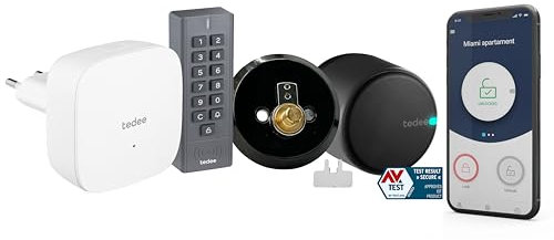 tedee Go Smart Lock, Smart Front Door Lock, Electronic Door Lock Turns Your Smartphone into a Key, for Single-Cylinder Deadbolt, Black (Deadbolt Adapter + bar + Wi-Fi Bridge UK + Keypad)