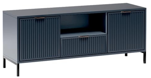 TV Lowboard in Indigo blau mit Rillenoptik 135 cm Fernsehschrank Fernsehtisch 2 Türen 1 Schublade TV Regal TV Board