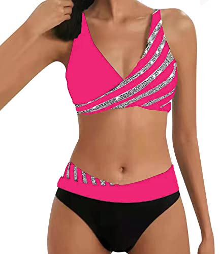 2024 Neu Damen Bikini Set Push Up Sexy Bauch Weg Bademode V Ausschnitt üBerkreuztes Streifenmuster Zweiteiliger Badeanzug Bauchkontrolle High Waist Sommer Triangel Weiß Strandbikini