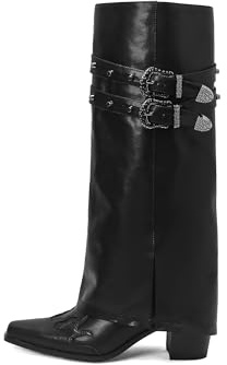 JANSEVEN Fold Over Boots for Women Overlay Knee High Boot Chunky Block Mid Heel Pull On Tall Boots Foldover Wide calf Boots, Black, 9.5