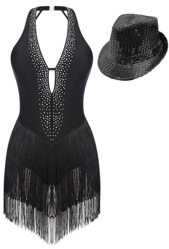 Agoky Damen Neckholder Tanzkleid mit Pailletten Mütze Ärmellos Flapper Fransen Kleid Glitzer Modern Latein Samba Salsa Outfits
