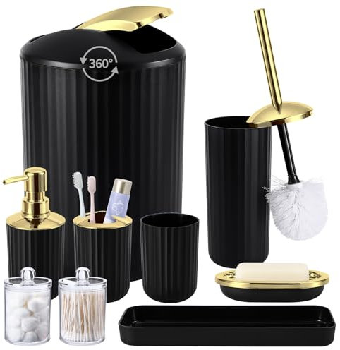 XLHOMO 9PCS Black and Gold Bathroom Accessories Set Complete with Trash Can, Vanity Tray, Soap Dispenser, Soap Dish, Toothbrush Holder, Toothbrush Cup, Toilet Brush and Qtip Holders