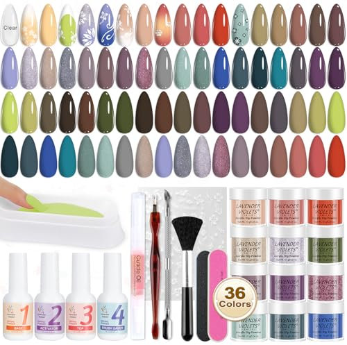 Lavender Violets 48 Pc Dip Powder Nail Kit – 36 Morandi Nude, Grey & Earth Tones with Glitter | Starter Set Includes Dipping Liquids, French Nail File, Cuticle Oil & Recycling Tray Manicure at Home B5
