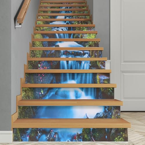 Peel and Stick Stair Risers Stickers,14PCS 100x18CM Self Adhesive Vinyl Stair Stickers Decals,Staircase Murals Decor for Steps,Removable Wallpaper Mural House Home Decor (Waterfall)