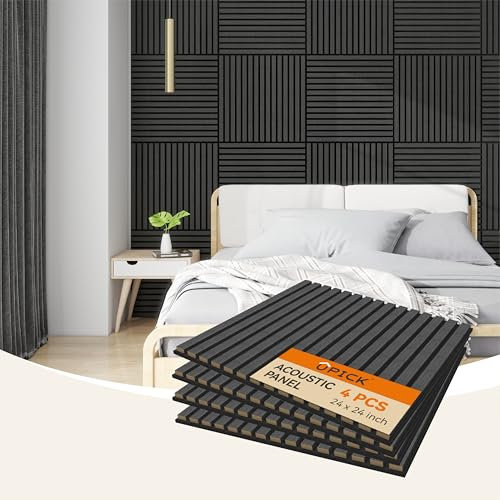 Upick MDF-Akustikwandpaneele, schallabsorbierend, 61 x 61 cm, schalldichte Schaumstoff-Wandpaneele & Holzlatten-Wandpaneele für Innenwanddekoration, 4 Stück (schwarz)