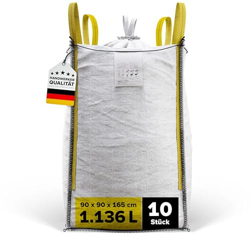 D-TACK 10x Big Bag | 90 x 90 x 165 cm | Säcke für Bauschutt, Holz, Laub, Kies, Sand, Erde, Gartenabfall, Grünschnitt, Pellets | 4 Schlaufen für Kran & Stapler | 1.000 kg | Inkl. Schürze zum Zubinden