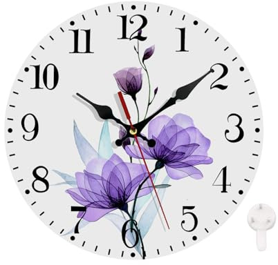 Ansouyi Round Wall Clock Battery Operated Clocks Wallclock 10 Inch,X-Ray Purple Roses Flowers and Leaves Silent Non Ticking Wall Clock for Living Room,Kitchen,Home,Bathroom,Bedroom,Office or School