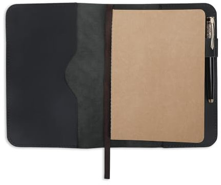 CestAntiQ, A5 Leather journal cover, Refillable Journal Cover for Large and Medium A5, Leather Handmade Notebook Cover, 9 x 6 Inches Leather Bound Journal (Black)