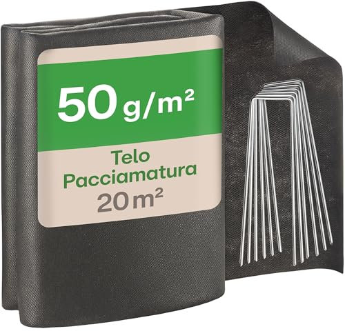 Praknu Malla Antihierbas 50g/m² – Tela de Jardín con 12 Anclajes - 20m² (2x10m) – Transpirable, Resistente al Desgarro & UV – Ideal para Parterres & Cultivos de Temporada