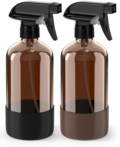 Bontip Glass Spray Bottle with Silicone Sleeve Protection, Amber Glass Spray Bottle Set for Window Cleaner Aromatherapy Facial Hydration Watering Flowers Hair Care 2 Pack/16 oz (Black & Brown)