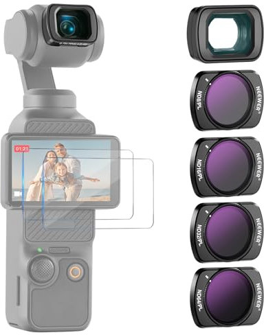 NEEWER ND/PL Filter Set (4er Pack) und 0,75X Weitwinkelobjektiv, kompatibel mit DJI Osmo Pocket 3 Creator Combo Zubehör, ND8/PL ND16/PL ND32/PL ND64/PL Polfilter ND CPL mit Displayschutzfolien, FL-B07