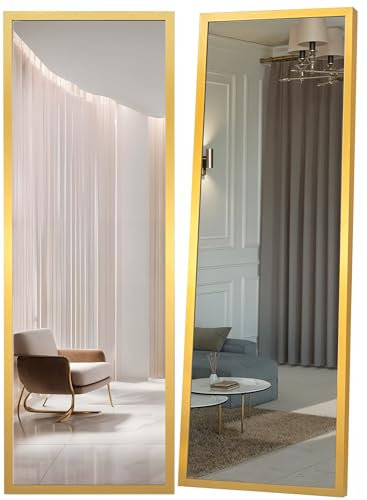 Marctani Espejo de Pie Cuerpo Entero - Espejo Grande y Largo con 3 Formas de Uso, Independiente, Montaje Pared y Apoyado - Marco de Aluminio para Dormitorio, Baño o Salon (Dorado 161x52 Standard)