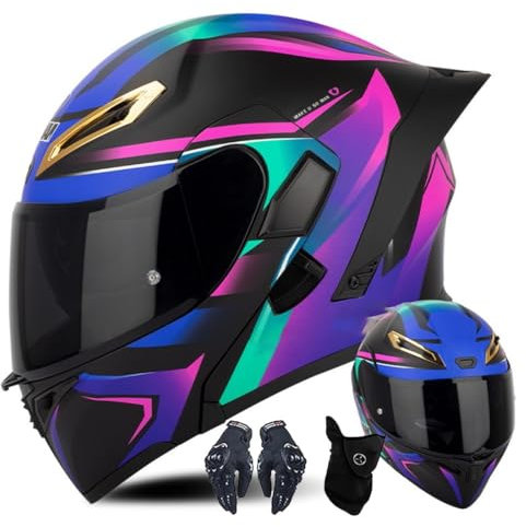 Casque De Moto Modulable avec Gants Et Protection Faciale, Casque à Rabat pour Adultes avec Double Visière, Casque Homologué ECE pour Hommes Et Femmes