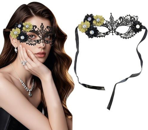 AffeGifts Karneval Maske Maskenball,Spitze Venezianische Maske Damen Kostüm Schwarze Halloween Maskes mit Blume 1920er Jahre Mardi Gras Party Maskes Ballmaske für Cosplay (Schwarz und Gold)