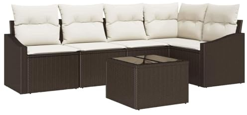 vidaXL 5-teiliges Garten-Essset mit Kissen in Braun und Creme aus Poly-Rattan | Modernes Outdoor-Ecksofa für bequemes Sitzen auf der Terrasse | Modulare Möbel für Sommerpartys