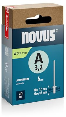 Novus Tools Aluminium-Blindnieten Ø 3,2 mm, 6 mm Länge, 70 Nieten | Klemmlänge 1,5 - 3,5 mm, Nietmittel zur Befestigung von Nichteisen-Metall, Kunststoff, Leichtbaumaterial, Leder und Stoffen