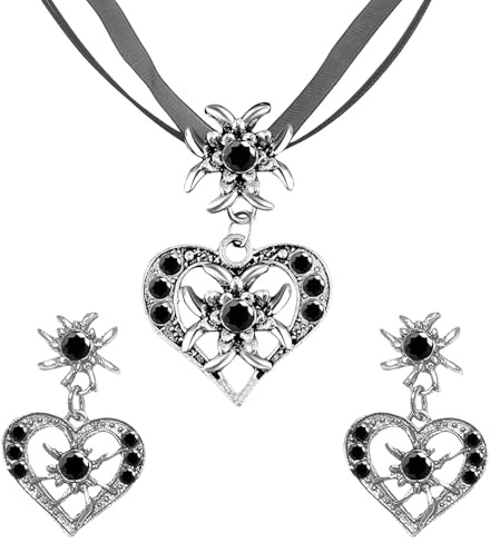 Glamifyr 3 Stück Trachtenschmuck Damen Schwarz Schmuck Trachtenkette,Strass Edelweiß Herz Anhänger,Edelweiß Ohrstecker Vielen Anhänger Trachtenschmuck Kette,für Dirndl und Lederhose Damen