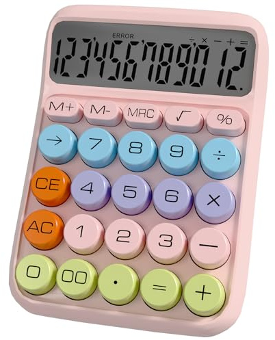 Calculatrice de Bureau - Grandes Touches - 12 Chiffres | Écran LCD Lisible, Format Compact Facile à Ranger, Fonctionne avec une Pile AAA et Arrêt Automatique - Rose