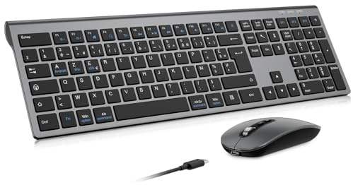 cimetech Clavier Souris sans Fil Bluetooth, Connexion BT1+ BT2+ BT3, Rechargeable, Silencieux, Ultra-Fin Clavier AZERTY, Compatible Windows/Mac OS/iPad/Android-Gris Noir