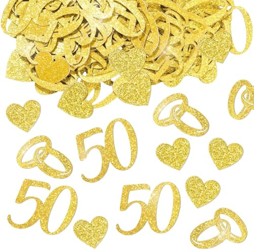 Ovanda Goldene Hochzeit Deko, 100 Stück Glitzer Konfetti Gold,Streudeko Tischdeko Hochzeit Gold, Streudeko Glitzer Konfetti mit Ring, 50, Herz Motiven, für 50 Jahre Jubiläum Hochzeitsdekoration