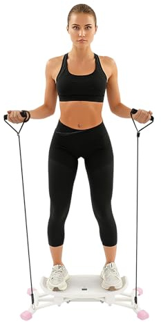 Slide Stepper Heimtrainer mit LCD Display & Widerstandsbändern - Seitlicher Stepper bis 120kg, Ganzkörpertraining mit Leisen Rollen (Rosa + Weiß) 76,6 * 31,8 * 16,9 cm