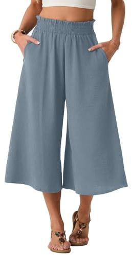 PrinStory - Pantalones de pierna ancha para mujer, cintura elástica alta, capris casuales, pantalones palazzo sueltos, culottes de ocio, Gris y azul., L
