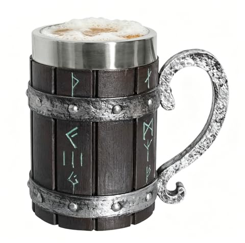 Umllpet Handgefertigter Holzfass-Bierkrug, 600ML Viking Wooden Barrel Beer Mug, Edelstahl-Vintage-Bierkrug, mittelalterlicher Trinkbecher, Rune Biergläser für Kaffee Getränke Saft, Geschenk für Männer