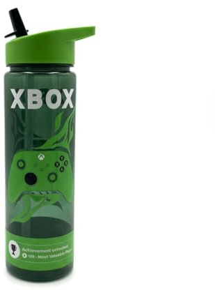 Xbox 600ml Reusable Water Bottle with Flip Spout & Straw, Leak Proof Sports Drinks Bottle with Carry Loop, BPA Free Dishwasher Safe Gaming Bottle with Xbox Controller Design for Kids Teens & Gamers