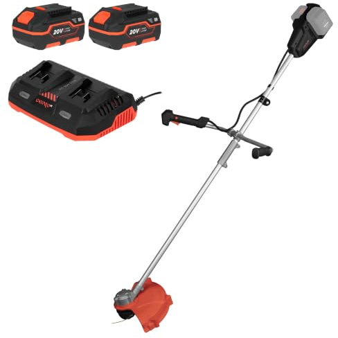 Desbrozadora Dnipro-M DTC-200BC Dual 2x20V, Kit 2 Baterías 4Ah y Cargador | Incluye 2 baterías BP-240 y cargador FC-230 Dual │ Cabezal de hilo y cuchilla 3T 255 mm │ Función reversa de desbloqueo